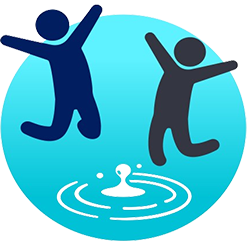 icon representing one water’s benefits, which has 2 happy people jumping over a puddle