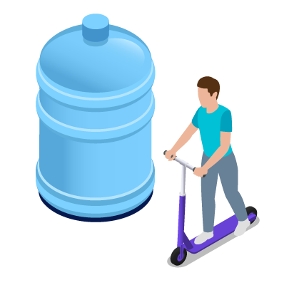 illustration of a water tank with a boy on a kick scooter riding past it