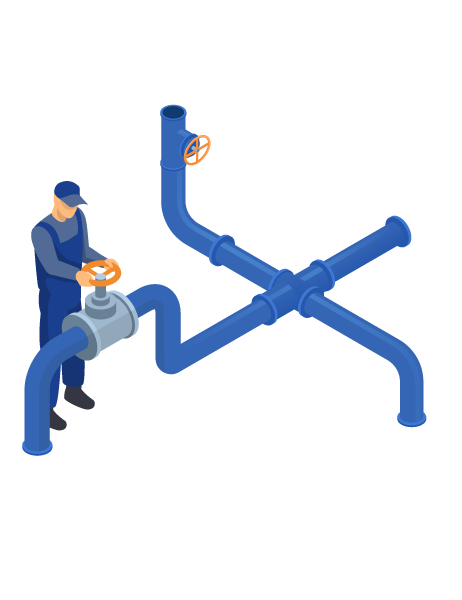 illustration of an engineer turning a valve on a large network of water pipes