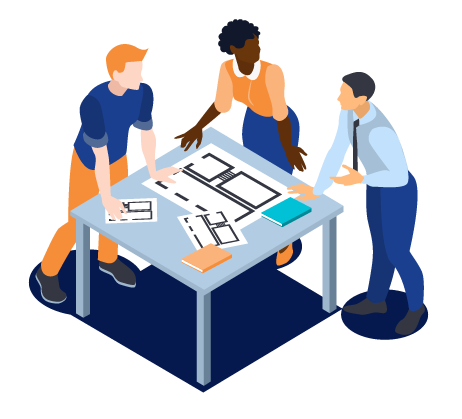 illustration of professionals having a discussion around a table with water supply blueprints on it