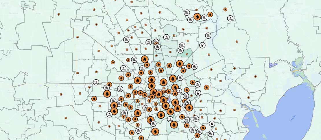 map of houston with pins showing individual water-related service requests