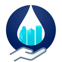 icon representing one water’s importance, which has buildings inside a drop of water that is held by a hand