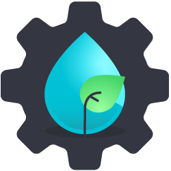 icon representing one water’s purpose, which has a water drop and leaf within a gear